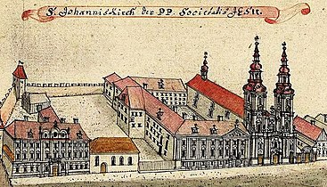 Kościół św. Jana Chrzciciela oraz kolegium jezuickie na rysunku Friedricha Bernharda Wernera, ok. 1750-1775