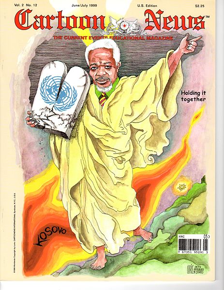 Secretary-General of the United Nations, Kofi Annan, by Ranan Lurie, on the front page of "Cartoon News"