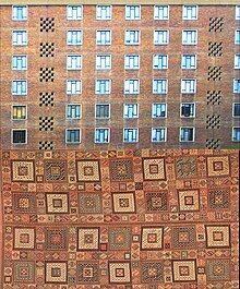 Bedroom facade and Verneh kilim. Lubetkin explained that this kind of Caucasian fabric inspired his chequerboard facade. Lubetkin Spa Green bedroom facade and Verneh.jpg