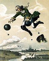 Munchausen rides the cannonball, as pictured by August von Wille.