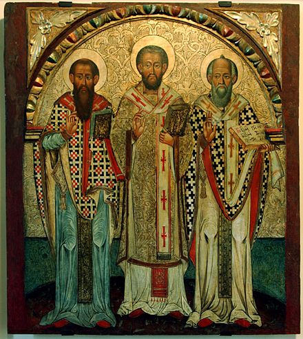 Icon of the Three Holy Hierarchs: Basil the Great (left), John Chrysostom (center) and Gregory the Theologian (right)—from Lipie, Historic Museum in Sanok, Poland.