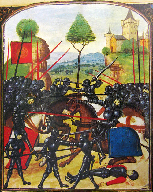 Late 15th-century artistic portrayal of the battle: Edward IV (left), wearing a circlet and mounted on a horse, leads the Yorkist charge and pierces t