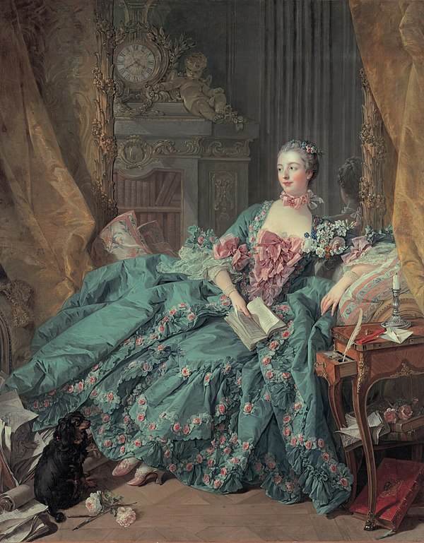 A portrait of Madame de Pompadour and a dog at the foot of her shoes (portrait by François Boucher, 1756)