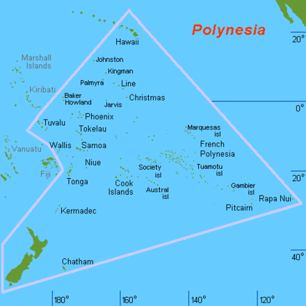 Geographic definition of Polynesia, surrounded by a light pink line
