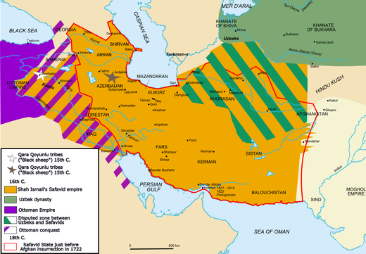 De grenzen tussen het Ottomaanse en het Perzische rijk in 1639. Het paars gearceerde gebied werd definitief Ottomaans