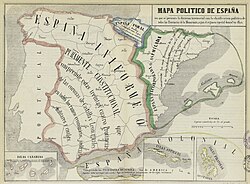 Map of Spain showing the territorial division with the classification of all the provinces of the Monarchy according to the special legal regime common to them (Jorge Torres Villegas, 1852). Mapa politico de Espana, 1850.jpg