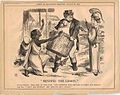 Cartoon from Punch, "Mending the Lesson" showing Miss Prudence warning John Bull about handing out too much charity to the needy during the Bihar famine of 1873–1874, and the latter's own interpretation of the Law of Supply and Demand.