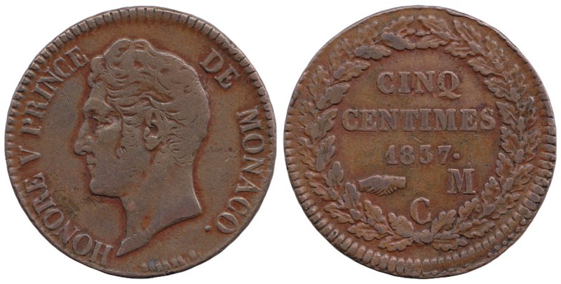 Файл:Monaco, 5 centimes 1837, Honore V.jpg