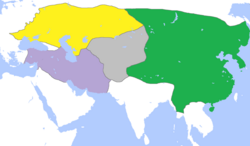 The division of the Mongol Empire, c. 1300, with the Golden Horde in the northwest, the Chagatai Khanate in the middle, the Ilkhanate in the southwest, and the Yuan dynasty in the east MongolEmpireDivisions1300.png