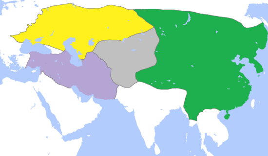 The division of the Mongol Empire, c. 1300, showing the khanates of the Golden Horde (yellow), the Chagatai Khanate (gray), the Yuan dynasty (green) and the Ilkhanate (purple)