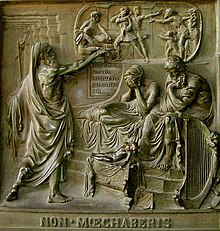 'Thou shalt not commit adultery' (Nathan confronts David); bronze bas-relief on the door of the La Madeleine, Paris, Paris. Nathan and David.jpg