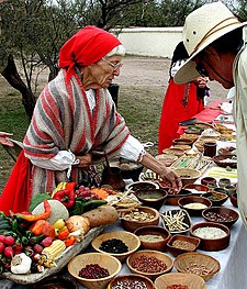 Uma mulher nativa americana mais velha fala atrás de uma mesa de feijão, grãos e outros produtos.  Ela está demonstrando os diferentes alimentos tradicionais dos nativos americanos.