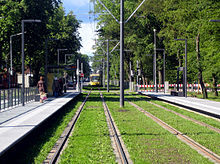 Tram line in Karlsruhe Nordstadt opened in 2006 on the route of the Hardt Railway from 1870 to 1913 Nordstadtbahn ArM.jpg