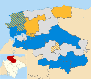 Map of the results of the 2011 North Devon council election. Conservatives in blue, Liberal Democrats in yellow and independents in grey. North Devon UK local election 2011 map.svg