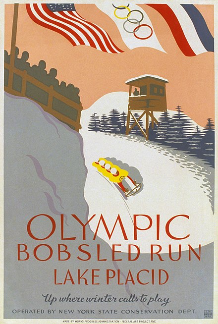 Works Progress Administration poster from the late 1930s to advertise public access to the bobsled run from the 1932 Olympics