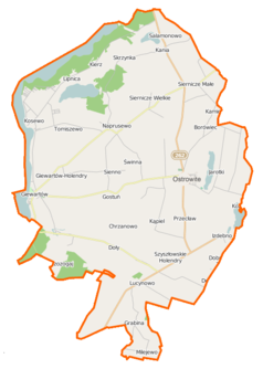 Mapa konturowa gminy Ostrowite, po lewej znajduje się punkt z opisem „Giewartów”