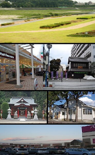 upper:Omoigawa River, upper middle: Oyama Yuen, Oyamamachi Station lower middle: Shirahige Jinja, Oyama City Archives lower:Aeon Oyama shopping center