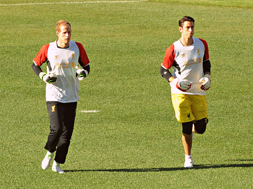 Jones and Péter Gulácsi training with Liverpool in 2012