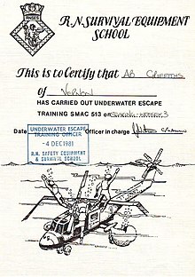 Certification from a course of the RN Survival Equipment School in December 1981 Part of Royal Navy ship's diving course.jpg