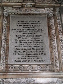 Memorial to the 3rd Baron Hatherton, who began the process of selling off the Littleton estates in 1919. Penkridge St Michael - Percy memorial 01.jpg