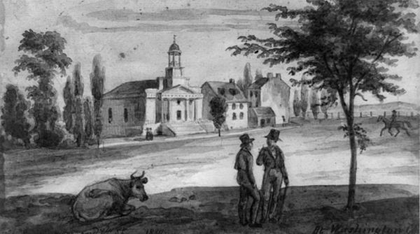 Pennsylvania Avenue and 7th Street in 1839 with the First Unitarian Church on the northeast corner of 6th Street and Pennsylvania Avenue visible in th