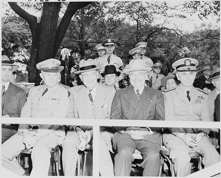 File:Photograph of dignitaries on the reviewing stand during the Armed Forces Day parade, (left to right) General Dwight... - NARA - 200224.jpg