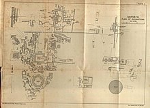 Friedrich Oertel's plan of excavation. The lion capital was found in 1905 to the west of the main shrine, which is to the north of the "Jagat Singh" stupa. Plan of excavation Sarnath.jpg