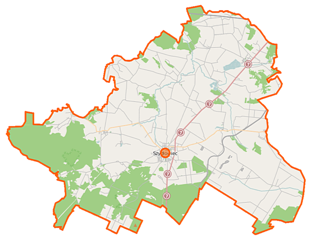 Mapa konturowa powiatu szydłowieckiego, po prawej znajduje się punkt z opisem „Jastrząb”