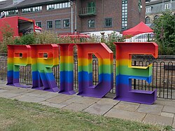 Rainbow 'PRIDE' lettering in Queen's Gardens for Pride in Hull 2022.