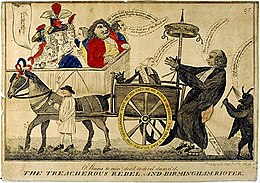 Karikatuur van een paard dat een wagen trekt met daarop een man die wordt geslagen door een duivel. De toeschouwers joelen hem uit.