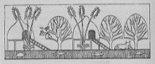 A landscape of Punt, showing several houses on stilts, two fruiting date palms, three myrrh trees, a bird (Hedydipna metallica), a cow, an unidentified fish and a turtle, in water which in the original was green to show that it is salt or tidal, in a sketch from the walls of the mortuary temple of Hatshepsut at Deir el-Bahri, depicting a royal expedition to Punt Punt houses.gif