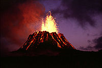 Pu'u 'O'o, a Volcanic cone on Kilauea, Hawaii. View at dusk of the young Pu'u 'O'o cinder-and-spatter cone, with fountain approximately 40 m high, during episode 5.