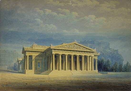 The Royal Institution, Edinburgh (now the Royal Scottish Academy), by George Meikle Kemp, c. 1840; watercolour and pen, 31.30 x 44.90 cm; National Gal