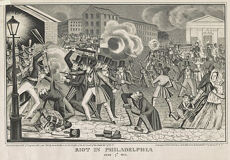 Philadelphia Nativist Riots of 1844, with nativists (center) fighting the militia (left) Riot in Philadelphia, June (i.e. July) 7th 1844 - H. Bucholzer. LCCN2003654121.jpg