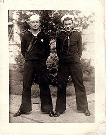 Newport Navy Band director Frank Rodowicz (left) and Hugo Montenegro at Newport Naval Base, 1944