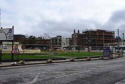 A general overlook from Queens Dock Avenue of some of Hull City Centre's ongoing renovations and restorations. To the left is the Rose Bowl of Queen's Gardens, and to the right is 34-35 Whitefriargate. Just off camera further to the right is the Hull Maritime Museum.