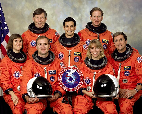 Left to right – Front row: Voss, Halsell, Still, Thomas; Back row: Crouch, Linteris, GernhardtSpace Shuttle program← STS-82STS-84 →