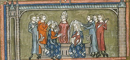 路易八世和卡斯蒂利亚的布兰卡1223年在兰斯加冕，来自《法兰西大编年史》的微型画像，约1332–1350年（法国国家图书馆）