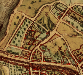 Plan for klosteret Saint-Victor i Paris.  Utdrag fra Civitates Orbis Terrarum utgitt i Köln i 1572: vi kan se “Tournelle-møllen” på “Butte Coypeau”.