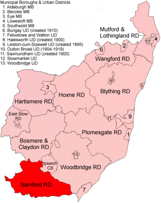 <span class="mw-page-title-main">Samford Rural District</span> Former rural district in West Suffolk, England