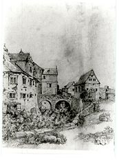 Zeichnung von 1847, ähnliche Blickrichtung, links Foeppelsbau, im Bildmittelpunkt Fuchsgraben, rechts das Erbacher Zeughaus