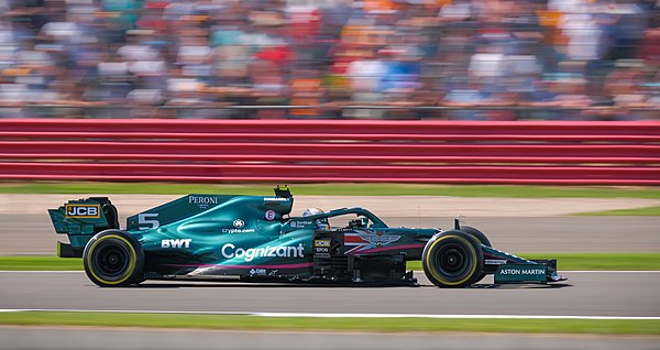 The AMR21 during the 2021 British Grand Prix, driven by Sebastian Vettel