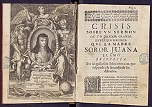 Portrait and book by Sor Juana Ines de la Cruz, Baroque poet and writer. Segundo volumen de las obras de Soror Juana Ines de la Cruz.jpg