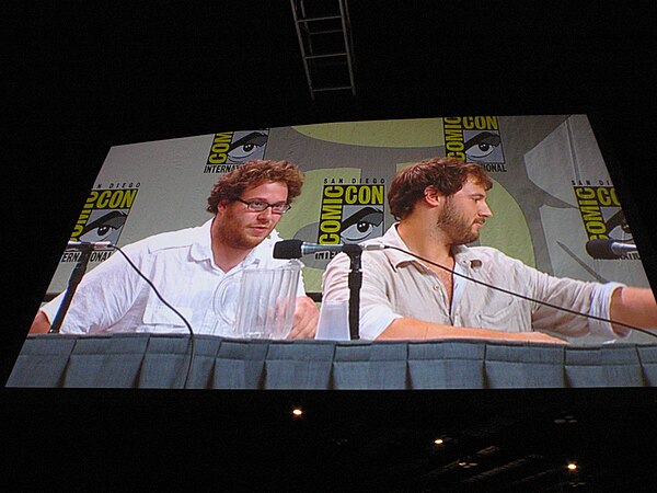 Seth Rogen and Evan Goldberg at a Superbad panel at San Diego Comic-Con in July 2007