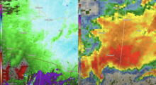 Radar image showing the supercell and hook echo of the storm that produced the Smithville tornado. Smithville Tornado Radar.png