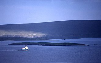 Sound Gruney from Yell, with the Fetlar ferry in the foreground and Urie Lingey and Vord Hill, Fetlar beyond Sound Gruney from Yell - geograph.org.uk - 345128.jpg