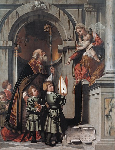 St Nicholas of Bari, Rovelli talabalarini Madonna va Child-ga Moretto da Brescia.jpg tomonidan taqdim etadi.