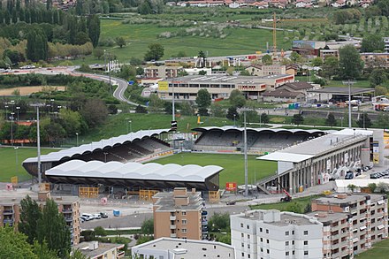 Stadium and apartment buildings in Sion