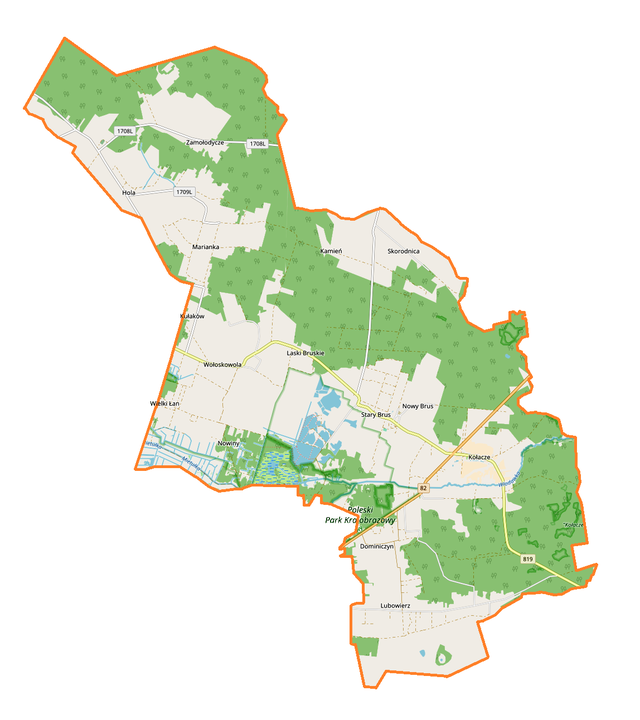 Mapa konturowa gminy Stary Brus, u góry po lewej znajduje się punkt z opisem „Hola, kaplica Opieki Matki Bożej”