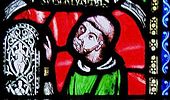EL ABAD SUGGER PRESENTA UN VITRAL A SAN DENIS. Detalle de una vidriera de la Basílica de Saint-Denis, París. Segunda mitad del siglo XII.